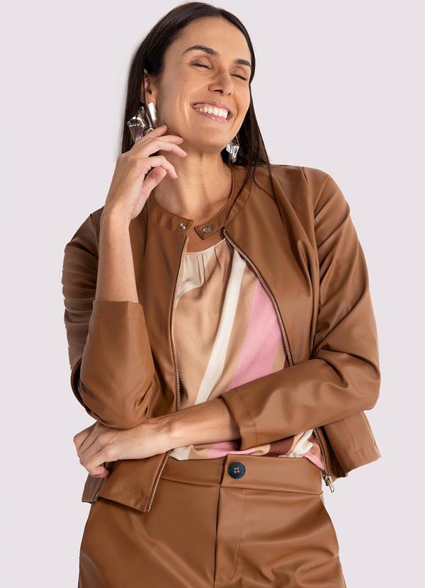 Lunender - Jaqueta em Pu com Botão Gola Marrom