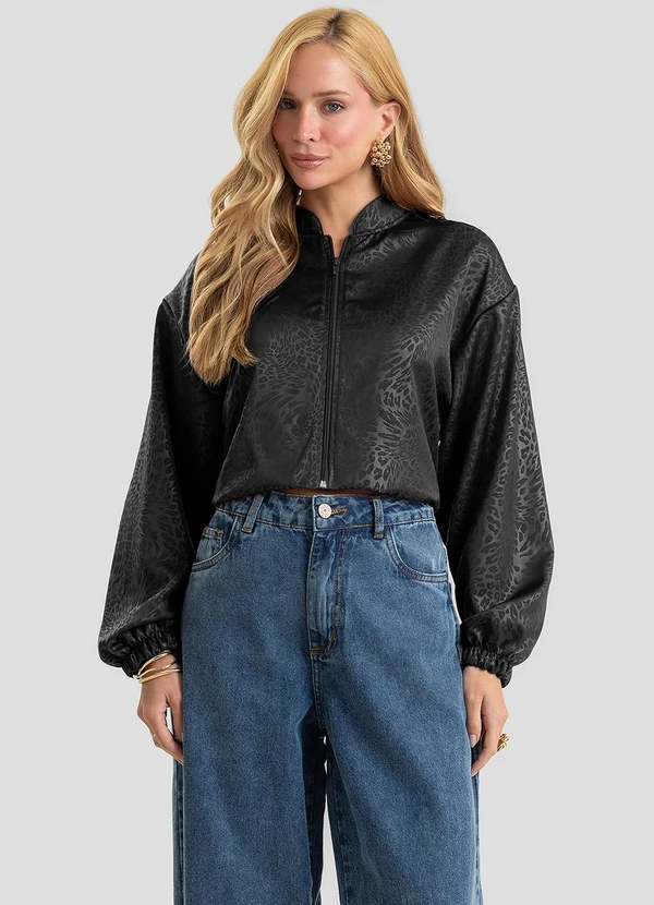 Dianna - Jaqueta Feminina em Jacquard Acetinado Preto