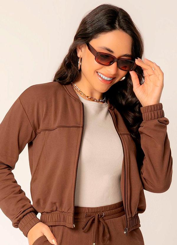 Cativa - Jaqueta Feminina Estilo Cropped com Zíper Marrom