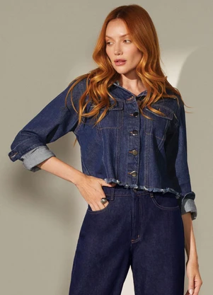 Marialícia - Jaqueta Feminina Jeans Barra Desfiada Azul - MARIALÍCIA