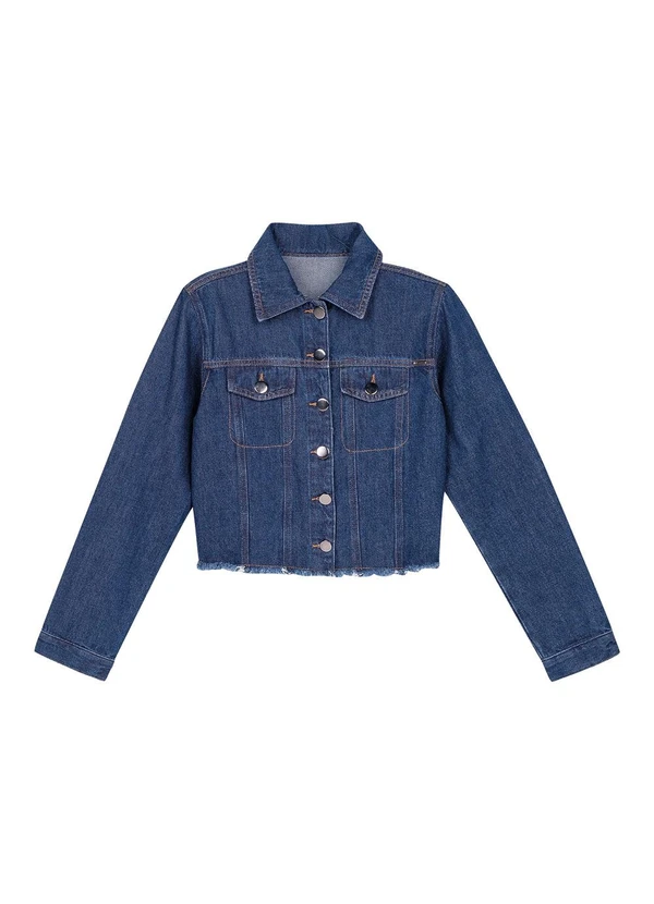 Marialícia - Jaqueta Feminina Jeans Barra Desfiada Azul 4