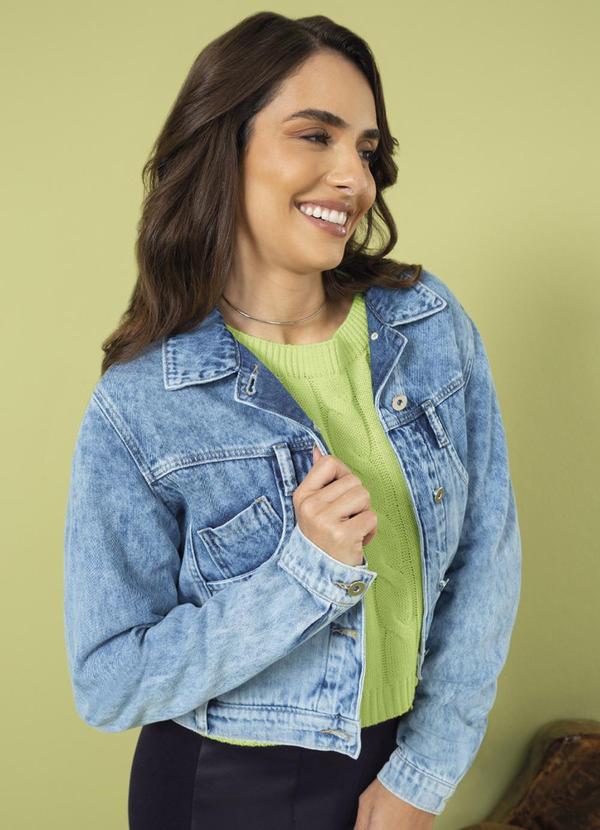 Cativa - Jaqueta Feminina Jeans Cropped Lavanderia Azul