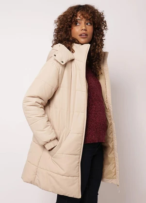 Torra - Jaqueta Feminina Puffer Alongada com Capuz Bege - TORRA