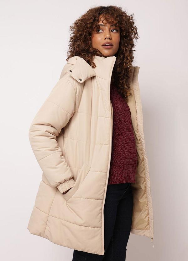 Torra - Jaqueta Feminina Puffer Alongada com Capuz Bege