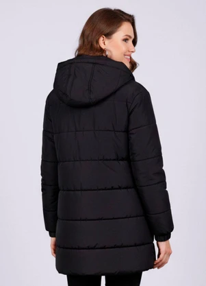 Torra - Jaqueta Feminina Puffer Alongada com Capuz Preta - TORRA