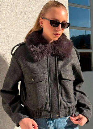 Sofie - Jaqueta Forrada com Gola de Pelo Cinza - SOFIE