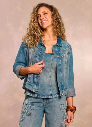Doce Trama - Jaqueta Jardim Boho com Bordado Azul - DOCE TRAMA