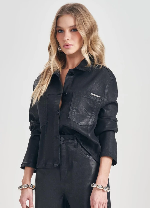 Doce Trama - Jaqueta Jeans com Bolsos Frontais Preto