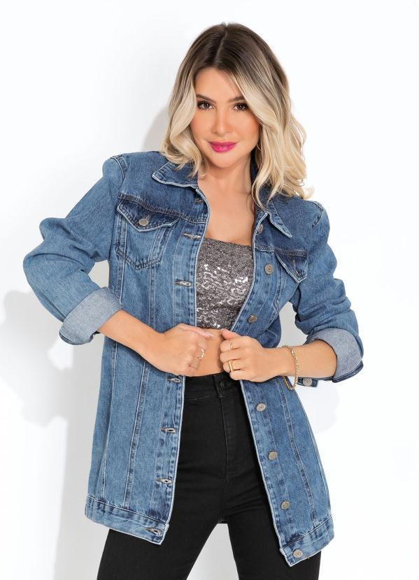 Sawary Jeans - Jaqueta Jeans com Bolsos Sawary Alongada
