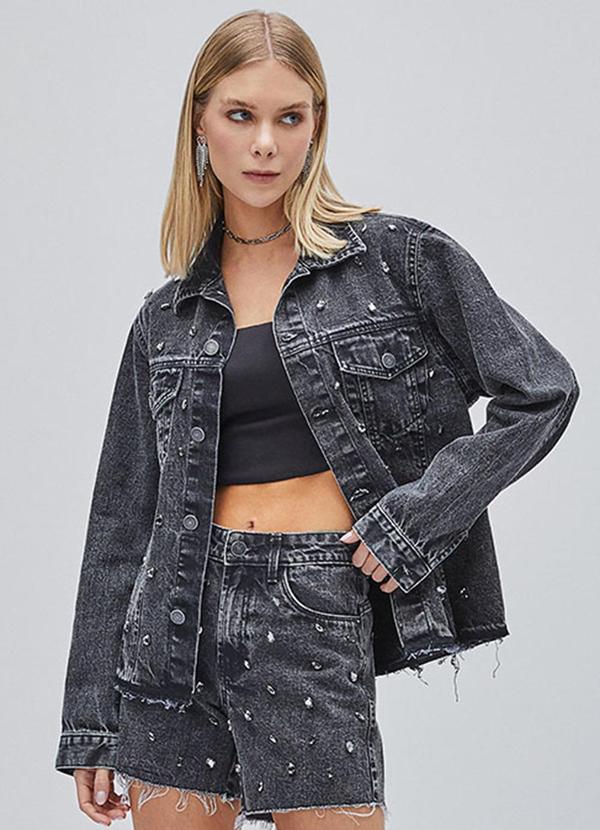 Authoria - Jaqueta Jeans com Pedraria Preto