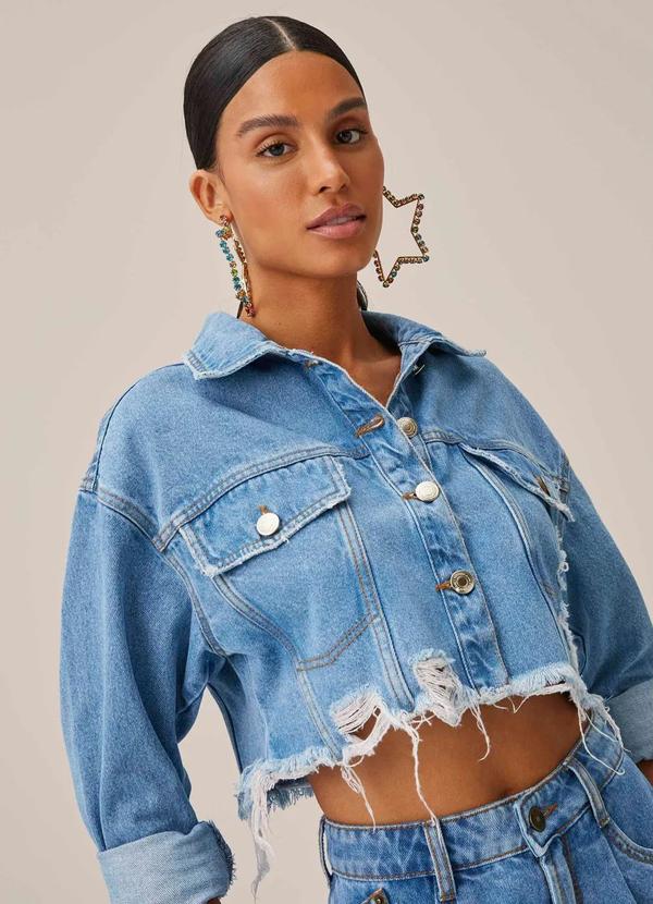 Lança Perfume - Jaqueta Jeans Cropped Desfiada Azul