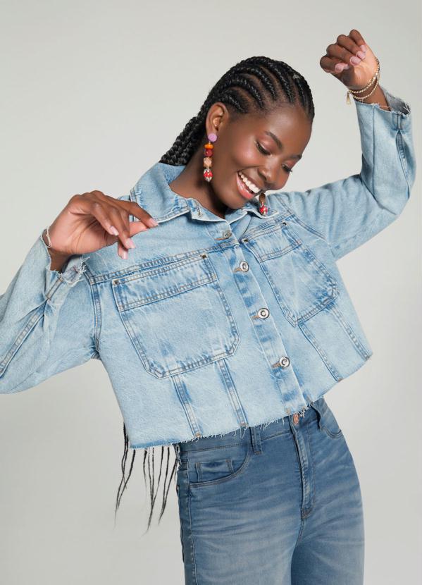 Lunender - Jaqueta Jeans Manga Longa Cropped Ampla