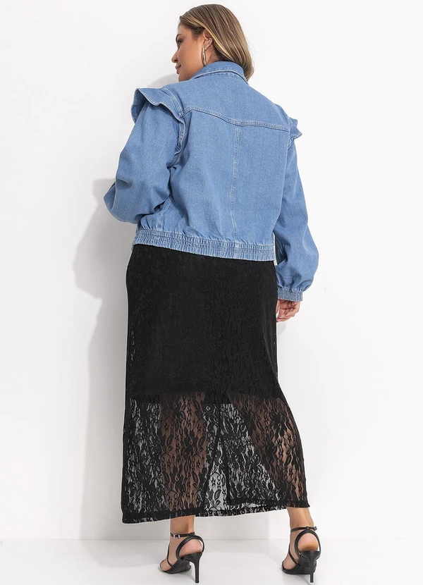 Quintess - Jaqueta Jeans Médio Soltinha com Elástico nos Punhos e Barra 13