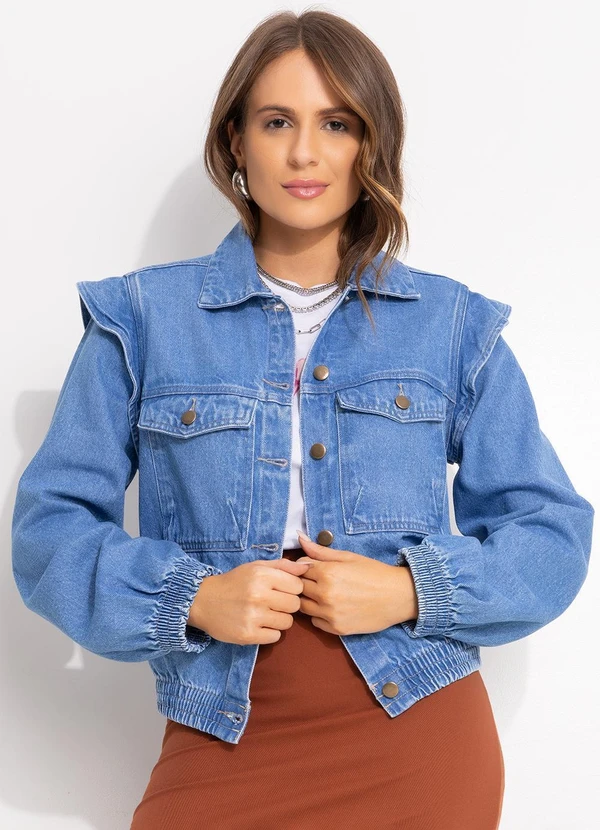 Quintess - Jaqueta Jeans Médio Soltinha com Elástico nos Punhos e Barra 7