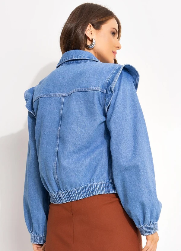 Quintess - Jaqueta Jeans Médio Soltinha com Elástico nos Punhos e Barra 8