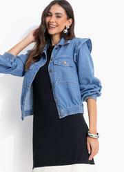 Jaqueta Jeans M�dio Soltinha com El�stico nos Punhos e Barra