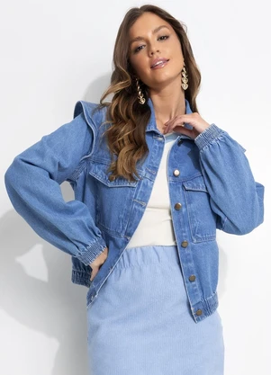 Quintess - Jaqueta Jeans Médio Soltinha com Elástico nos Punhos e Barra - QUINTESS