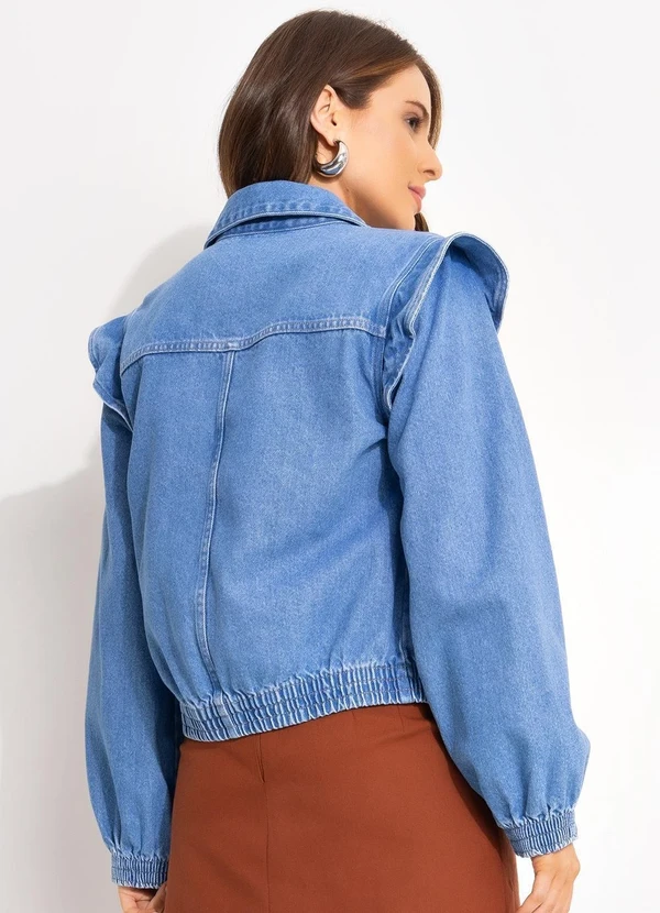Quintess - Jaqueta Jeans Médio Soltinha com Elástico nos Punhos e Barra 8