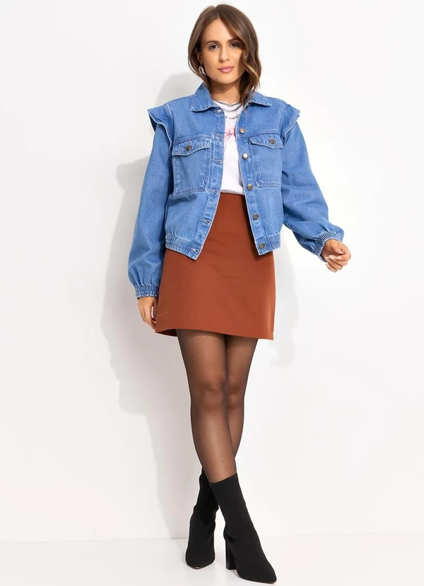 Quintess - Jaqueta Jeans Médio Soltinha com Elástico nos Punhos e Barra 9