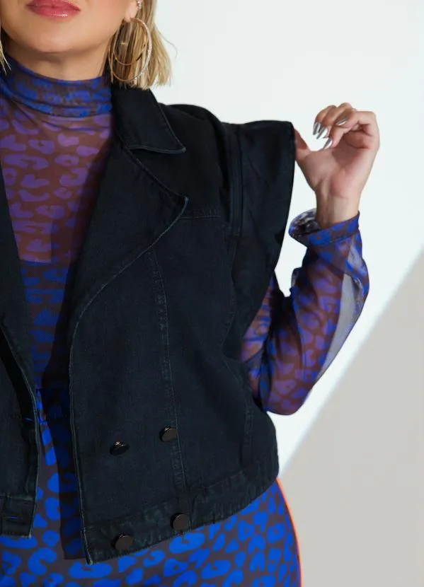 Quintess - Jaqueta Jeans Preto com Mangas Destacáveis 6