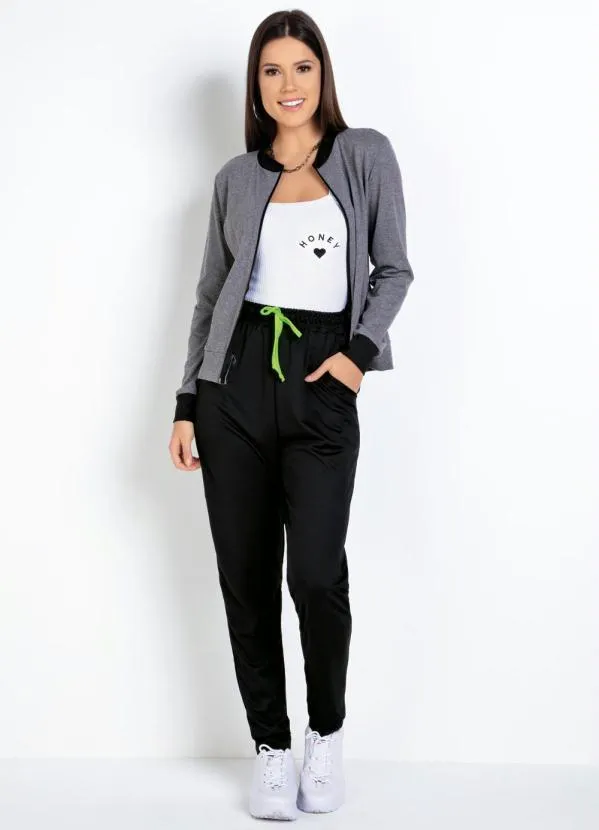 Moda Pop - Jaqueta Mescla Chumbo e Estampa Neon nas Costas