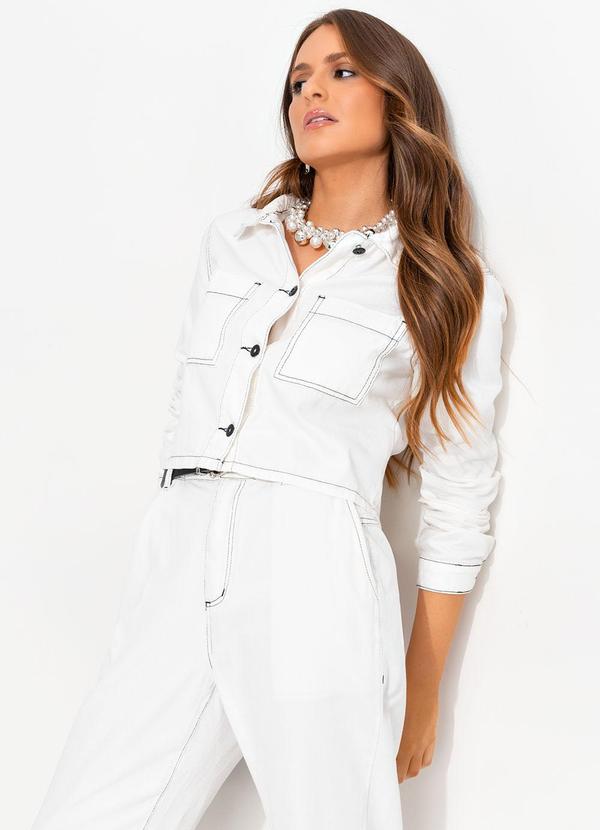 Quintess - Jaqueta Jeans Cropped Off White com Costura Contrastante e Botões 7