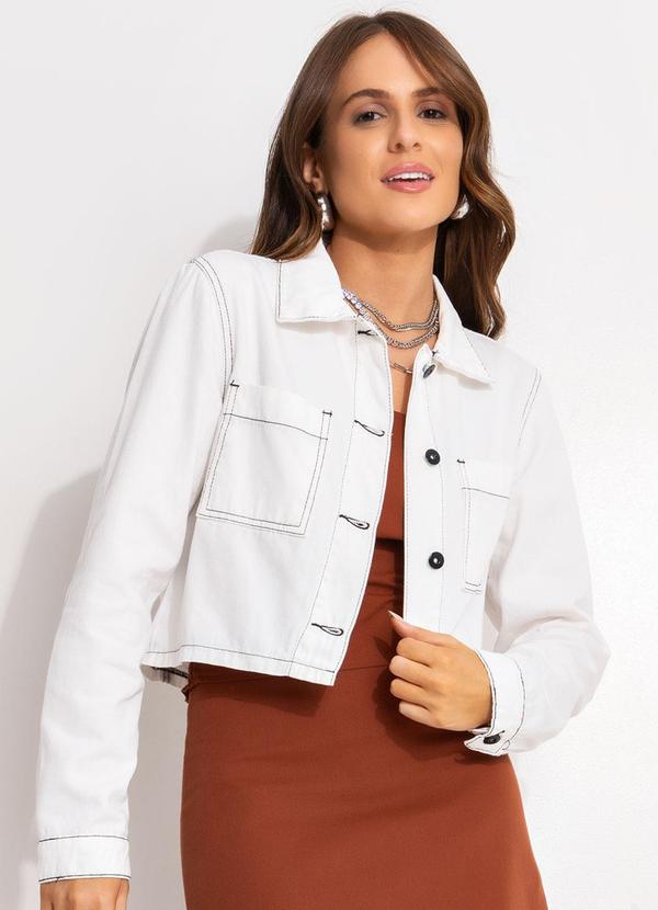 Quintess - Jaqueta Jeans Cropped Off White com Costura Contrastante e Botões 9