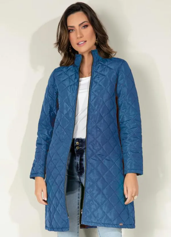 Quintess - Jaqueta Puff Azul Alongada com Bolsos