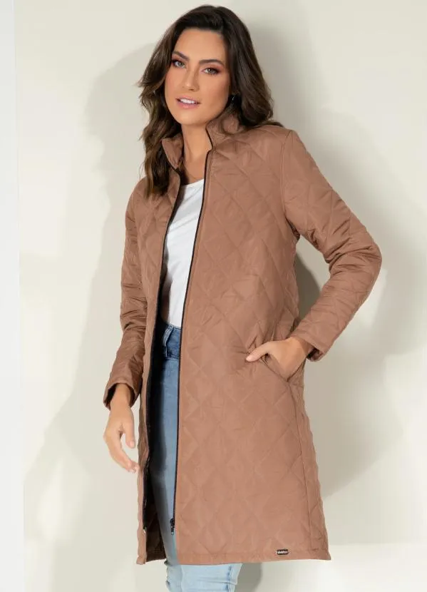 Quintess - Jaqueta Puff Marrom Alongada com Bolsos