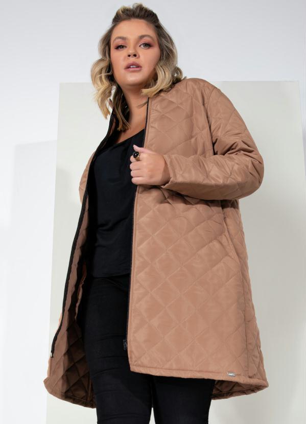 Quintess - Jaqueta Puff Marrom Alongada com Bolsos