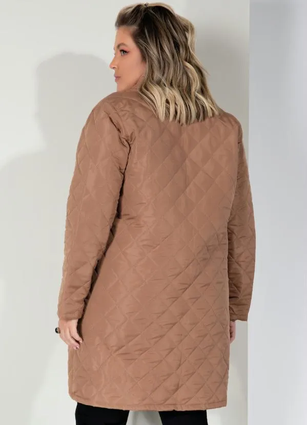 Quintess - Jaqueta Puff Marrom Alongada com Bolsos 7