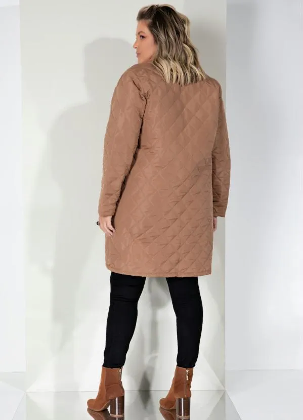 Quintess - Jaqueta Puff Marrom Alongada com Bolsos 9
