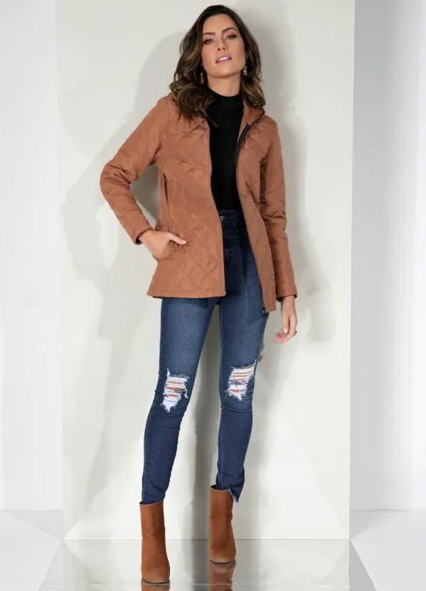 Quintess - Jaqueta Puff Marrom com Capuz e Bolsos 5