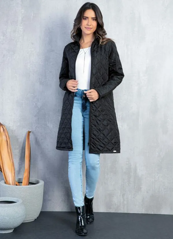 Quintess - Jaqueta Puff Preta Alongada com Bolsos 3