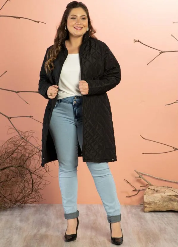 Quintess - Jaqueta Puff Preta Alongada com Bolsos 7