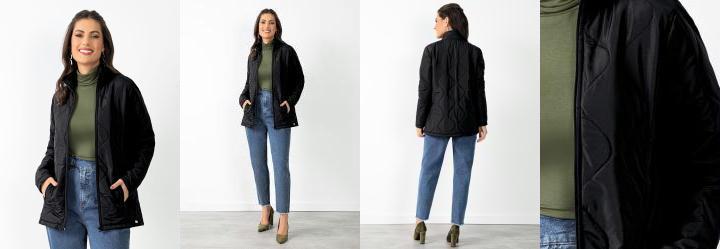 Jaqueta Puff Preto com Recorte e Bolsos