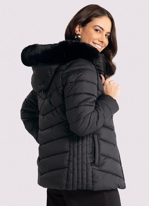 Lunender - Jaqueta Puffer Alongada com Forro Pelo Preto