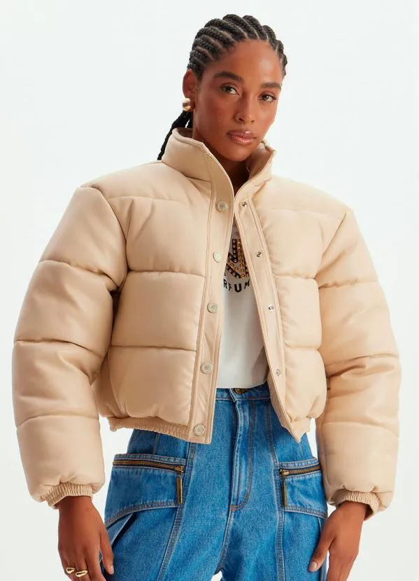 Lança Perfume - Jaqueta Puffer de Pu Gola Alta Bege 3