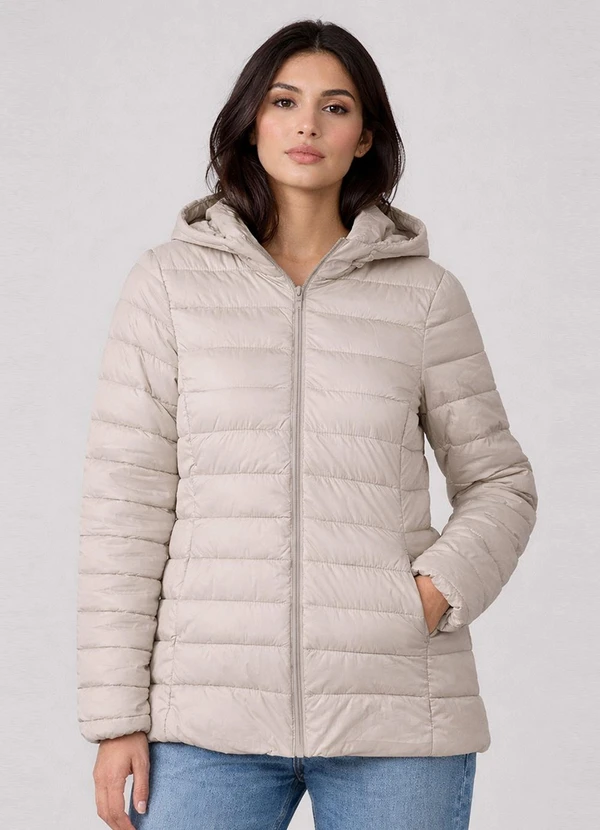 Rovitex - Jaqueta Puffer Feminina com Capuz Bege