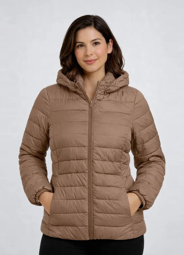 Rovitex - Jaqueta Puffer Feminina com Capuz Bege
