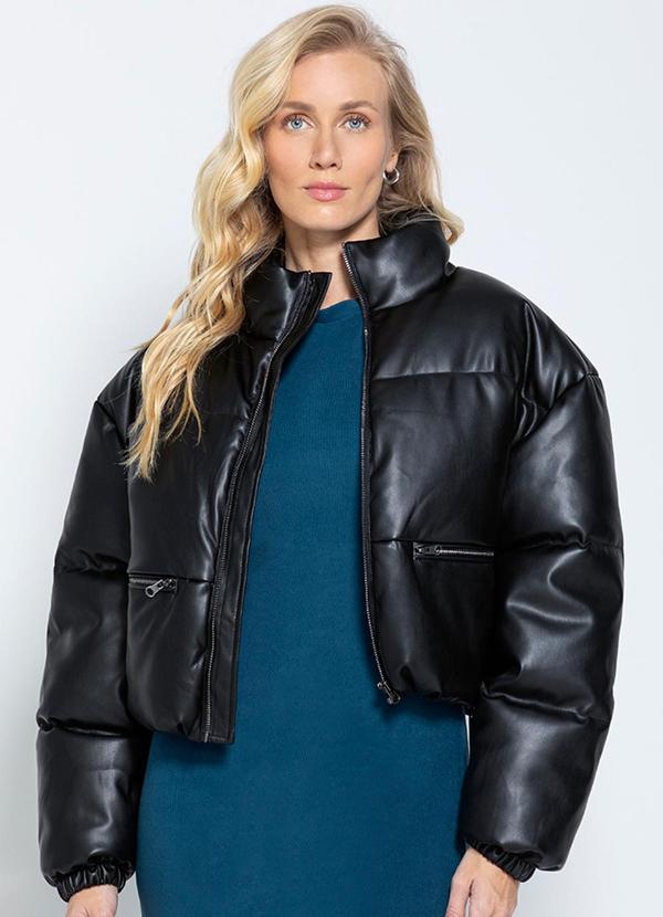 Enfim - Jaqueta Puffer Feminina Efeito Pele Preto