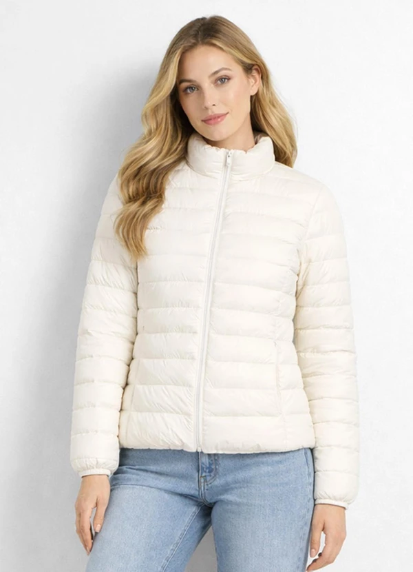 Rovitex - Jaqueta Puffer Feminina Peluciada Bege