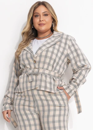 Quintess - Jaqueta Xadrez Bege em Alfaiataria com Cinto e Fivela - QUINTESS