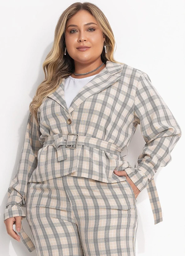 Quintess - Jaqueta Xadrez Bege em Alfaiataria com Cinto e Fivela 6