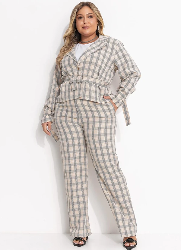 Quintess - Jaqueta Xadrez Bege em Alfaiataria com Cinto e Fivela 3