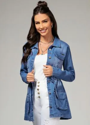 Quintess - Parka Jeans Médio com Bolsos e Cordel - QUINTESS