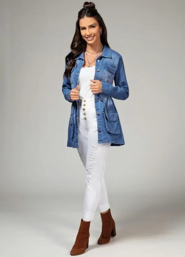 Quintess - Parka Jeans Médio com Bolsos e Cordel 3