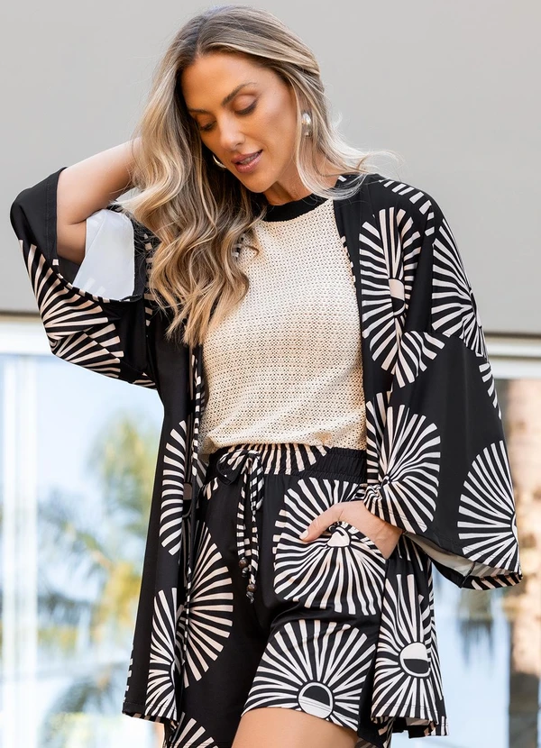 Quintess - Kimono Geométrico Bicolor em Malha Fria