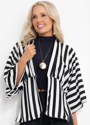 Moda Pop - Casaco Listrado Preto Branco em Malha Fio Tinto - MODA POP