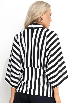 Moda Pop - Casaco Listrado Preto Branco em Malha Fio Tinto - MODA POP